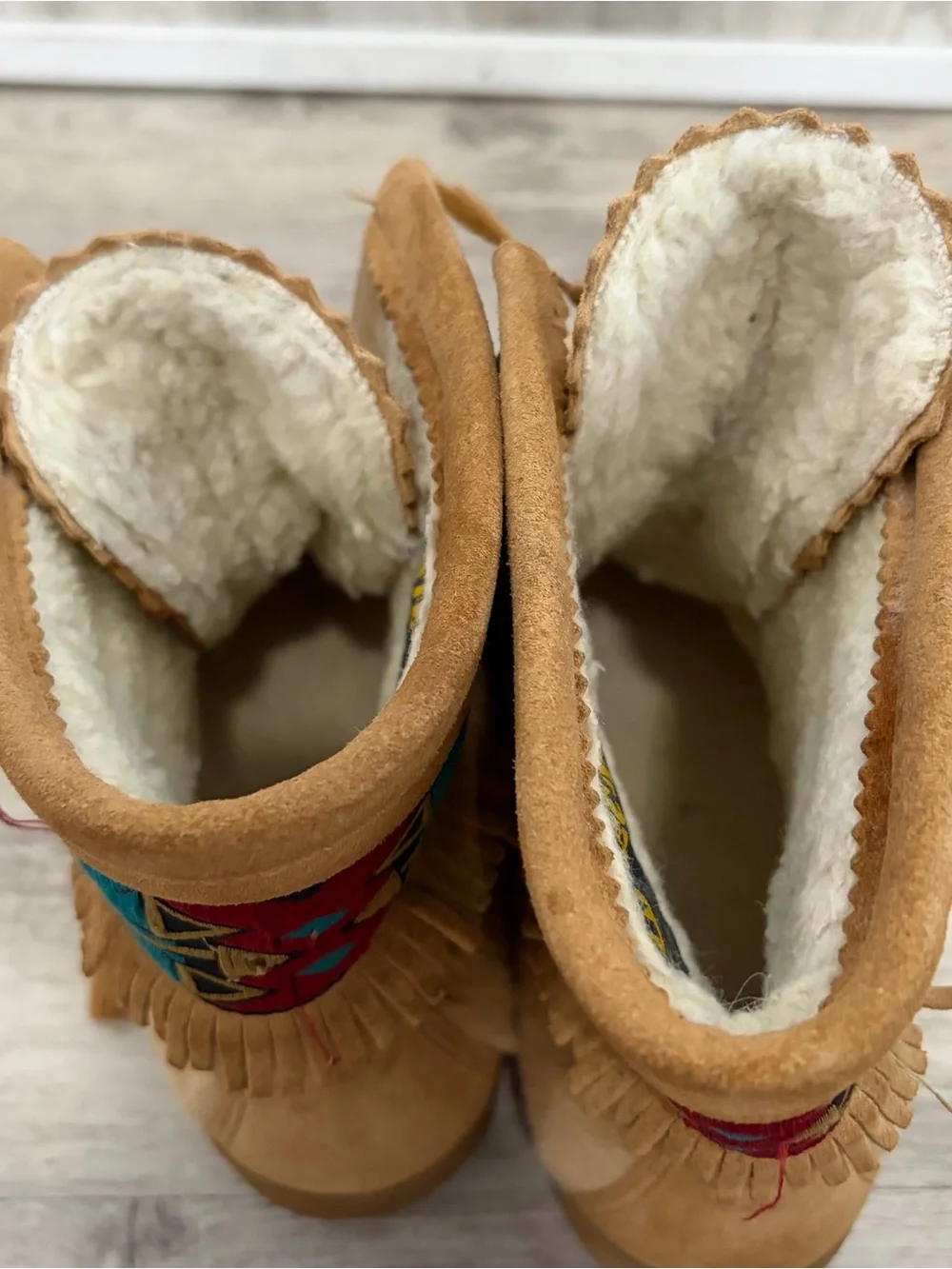 Vintage Tecnica Boots Womens Size 38 Tan Shearling Suede Aztec Southwestern